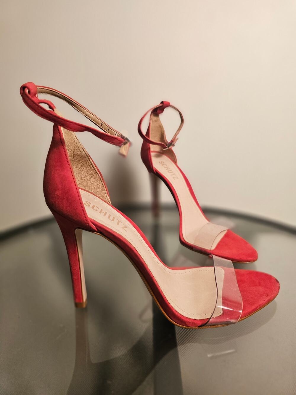SCHUTZ Red Stiletto Heels With Clear Toe Strap